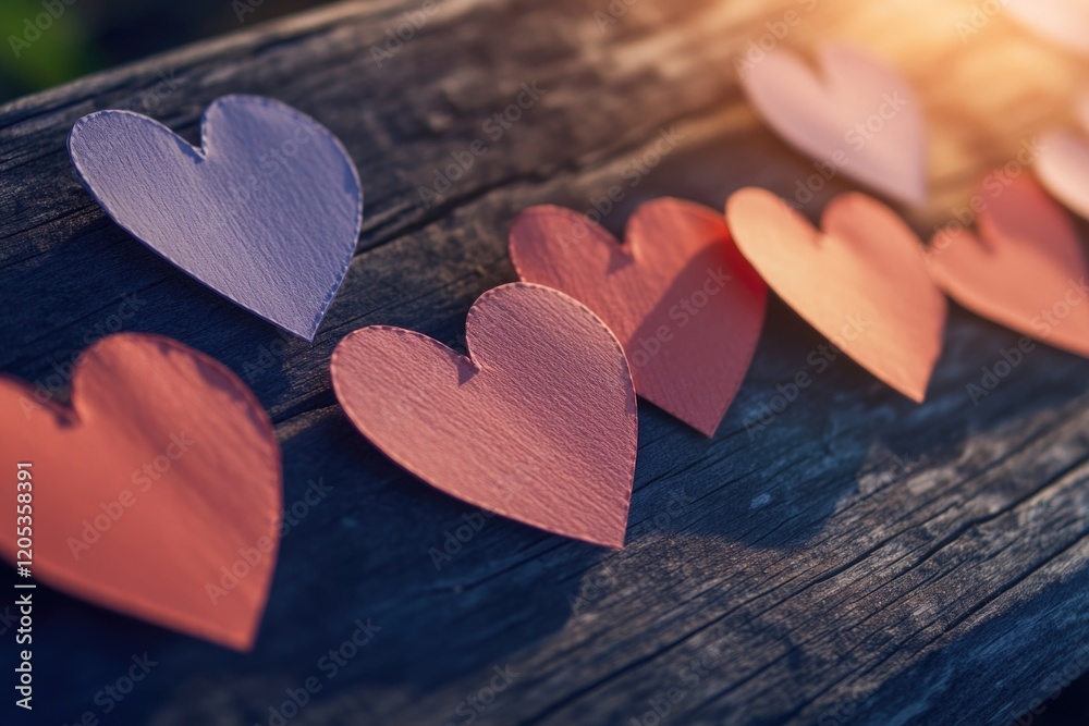 Obraz premium A wooden bench decorated with a bunch of hearts, perfect for romantic or sentimental scenes