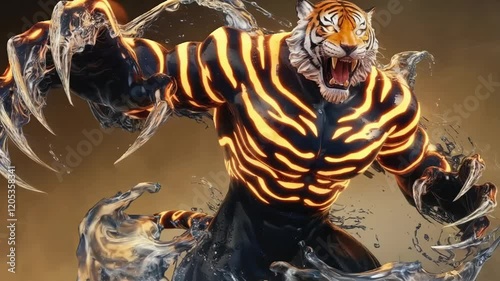a fearsome humanoid water figure with bold, wave-like stripes glowing in fiery orange and white, reminiscent of a tiger’s fierce pattern. its sharp claws are formed of concentrated liquid energy, glow
