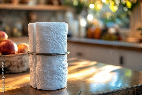 A roll of toilet paper placed on a countertop, often seen in bathrooms and kitchens photo