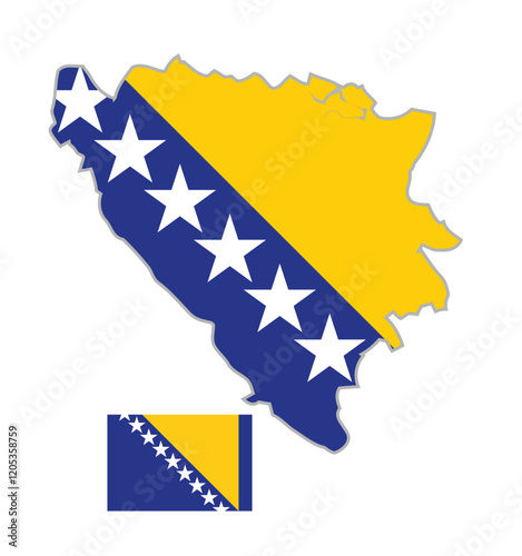 "Bosnia and Herzegovina Map with Flag Below on Right Side. Map of Bosnia and Herzegovina with the National Flag Positioned Below on the Right, Representing Bosnia and Herzegovina Unity 