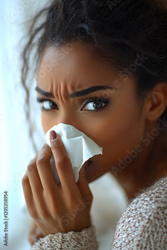 A woman holds a tissue to her nose, trying to stop the flow of mucus photo