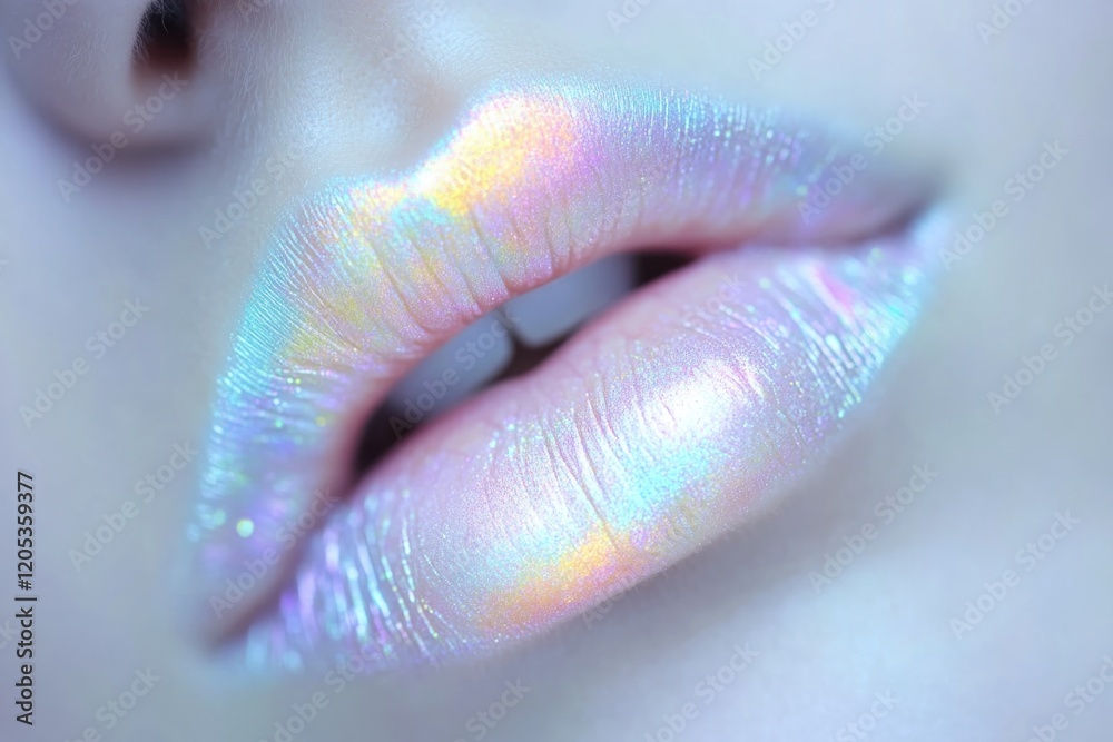 Fototapeta premium A detailed shot of someone's lips painted with holographic technology