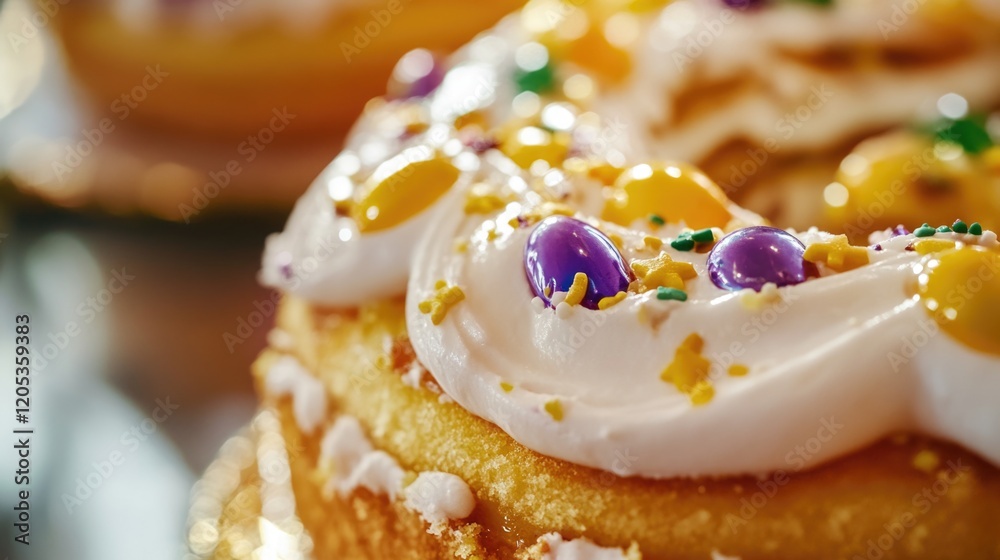 Fototapeta premium A close-up view of a colorful doughnut with frosting and sprinkles, perfect for bakery or food photography