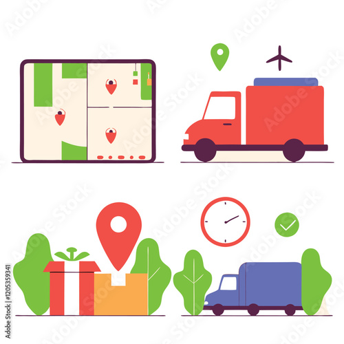 Vibrant Delivery Icons: Logistics & Shipping Set, Flat Design van box map boat truck cargo train    