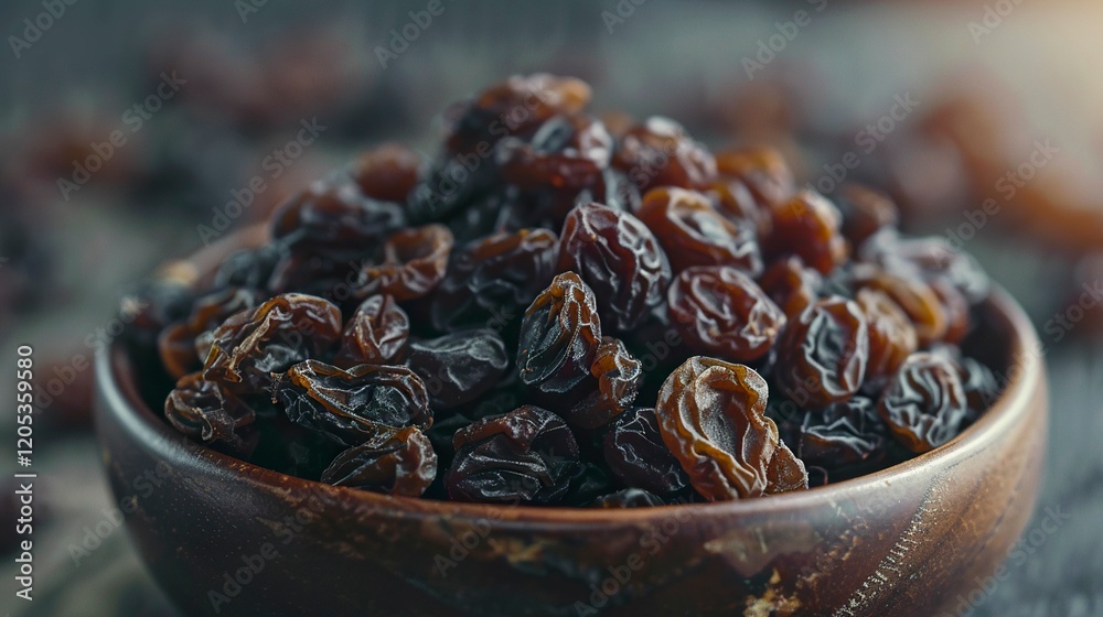 A photo of dried raisins in a small bowl. A photo of dried raisins in a small bowl.