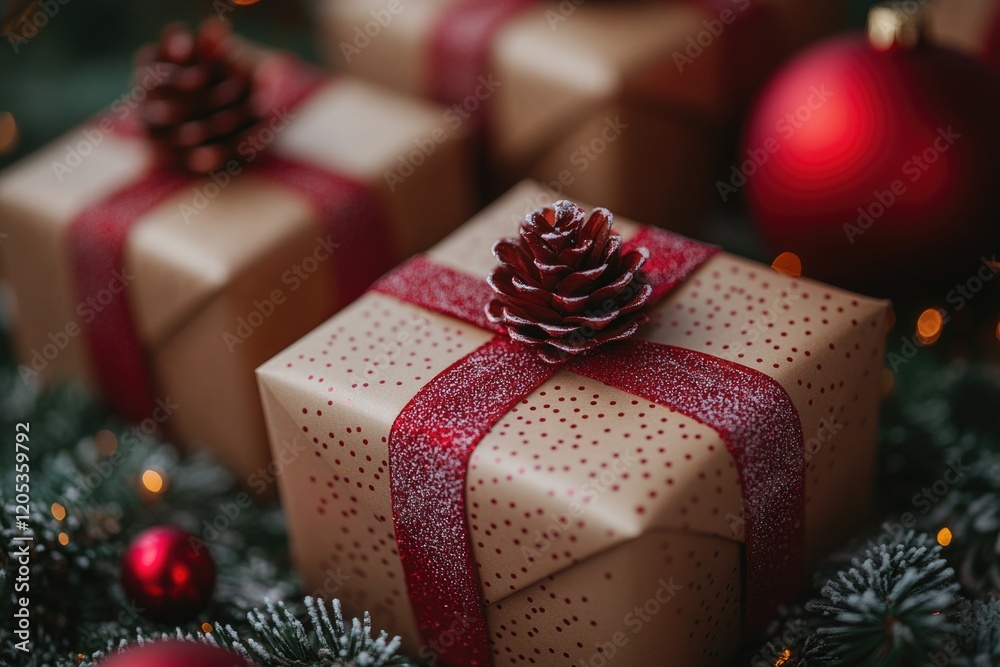 A close-up shot of a gift box featuring a pine cone on top, ideal for use in scenes related to nature, presents, or rustic decorations A close-up shot of a gift box featuring a pine cone on top, ideal for use in scenes related to nature, presents, or rustic decorations