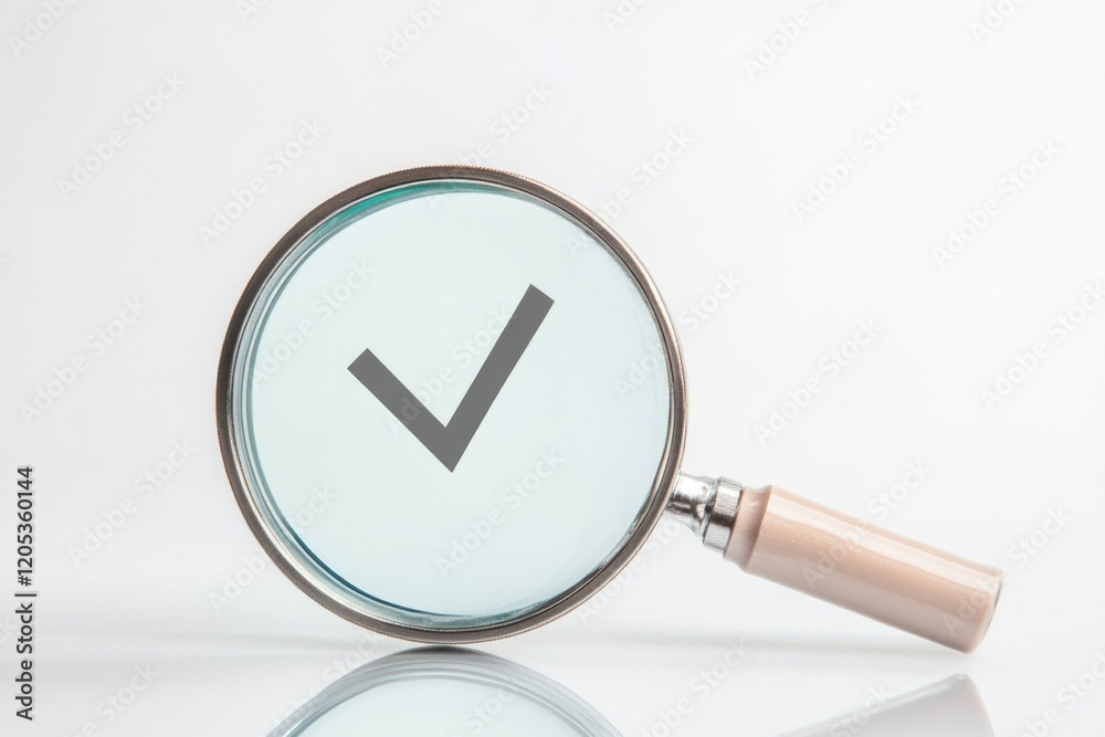 A close-up of a magnifying glass with a check mark on the lens, suitable for highlighting important details or indicating correctness