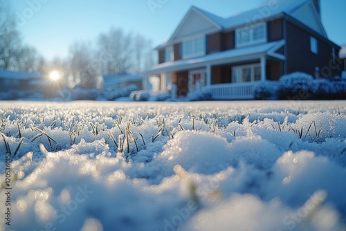A snowy lawn with a house in the background, ideal for winter scenes or seasonal decorations