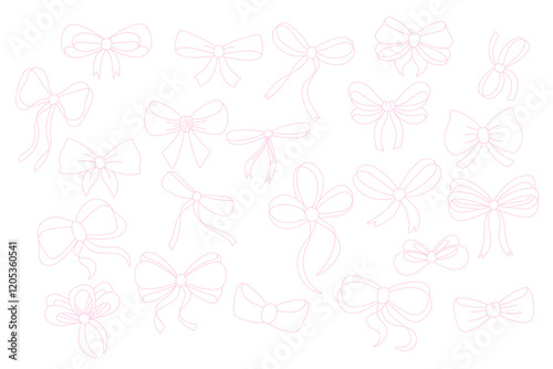 A simple collection of hand drawn ribbon bows. Bow decoration, pink ribbons, linear