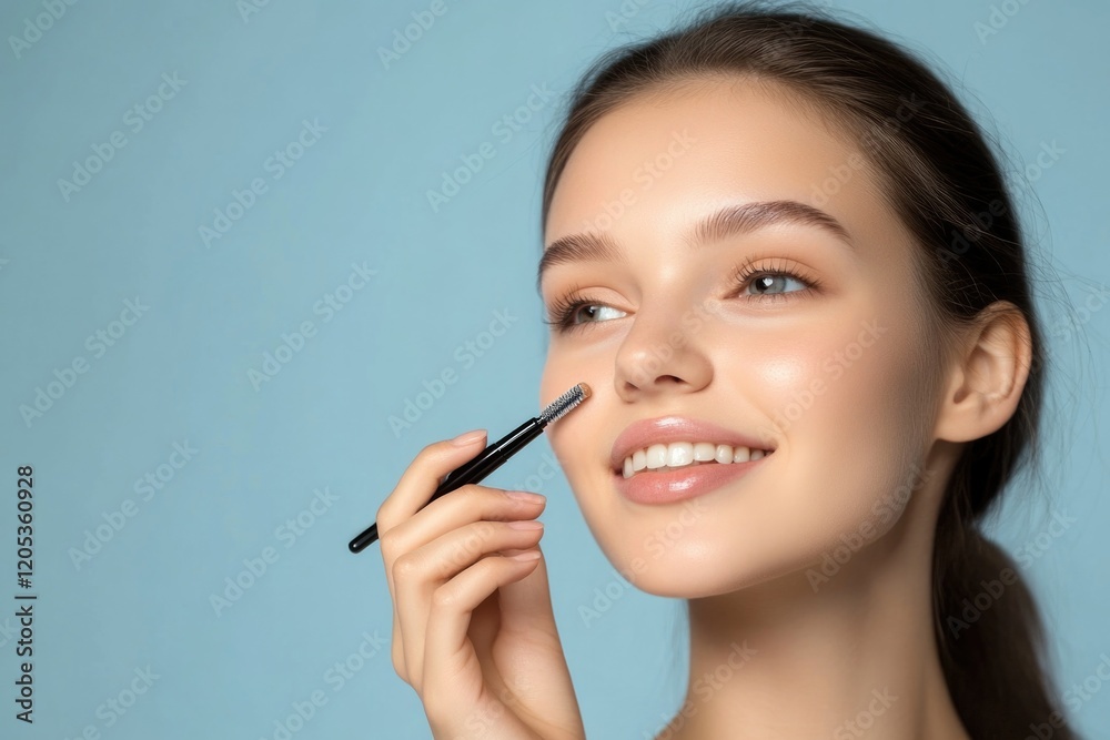 A woman holds a mascara brush in her hand, ready to apply makeup A woman holds a mascara brush in her hand, ready to apply makeup