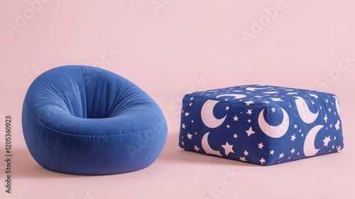 A royal blue pouf children's chair with a smooth, round design and a sturdy, plush surface, paired with a square pouf bed covered in a bold, graphic pattern of stars and moons. 