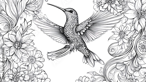 A mandala with a hummingbird at the center, surrounded by swirling floral patterns and geometric lines, representing the beauty of nature in flight