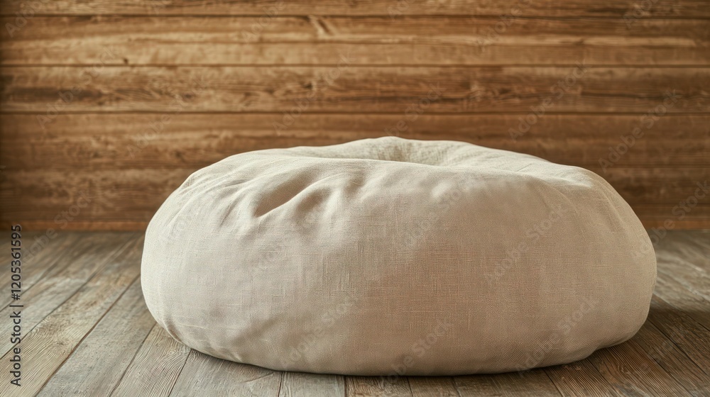 A rustic light tan linen pouf bed with a soft, breathable fabric cover, isolated against a warm wooden backdrop. The pouf bed has a simple yet stylish design, with a thick foam core for support. A rustic light tan linen pouf bed with a soft, breathable fabric cover, isolated against a warm wooden backdrop. The pouf bed has a simple yet stylish design, with a thick foam core for support.