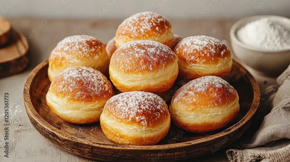 A platter of soft, golden-brown doughnuts dusted with powdered sugar, accompanied by a bowl of flour, creating a tempting dessert presentation. A platter of soft, golden-brown doughnuts dusted with powdered sugar, accompanied by a bowl of flour, creating a tempting dessert presentation.