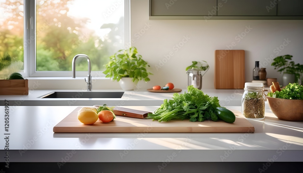 Bright modern kitchen countertop with fresh vegetables and herbs in natural sunlight Bright modern kitchen countertop with fresh vegetables and herbs in natural sunlight
