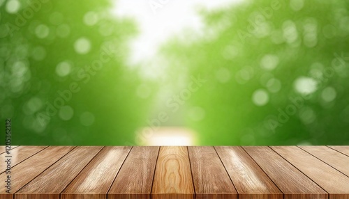 Wood desk table top with green nature blur background. Empty plank wooden table for product replacement