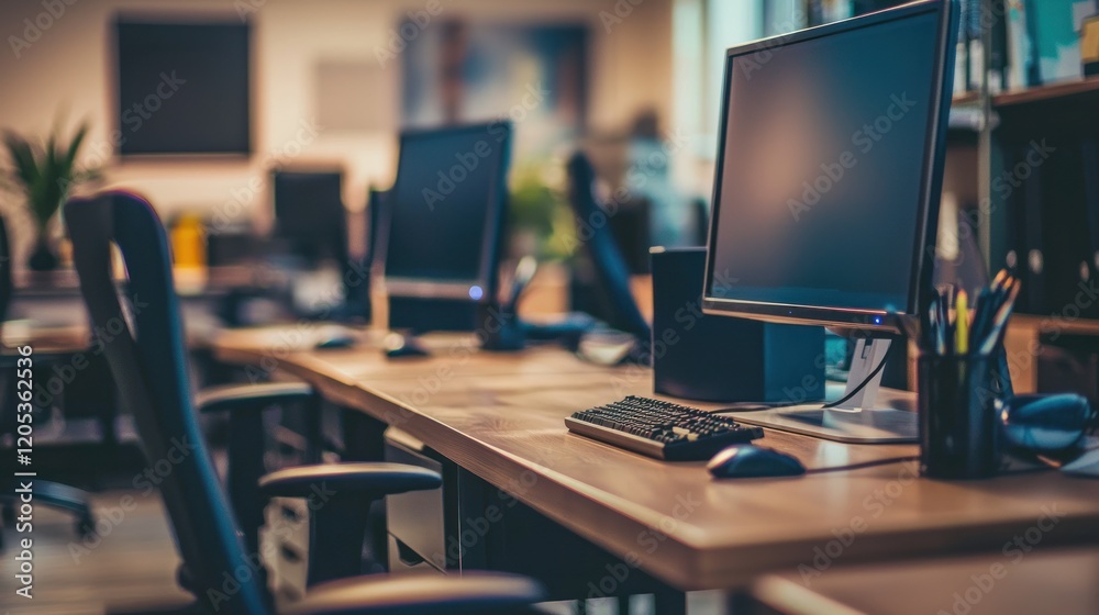 Modern Office Workspace: Desk with Computers and Ergonomic Chairs Modern Office Workspace: Desk with Computers and Ergonomic Chairs