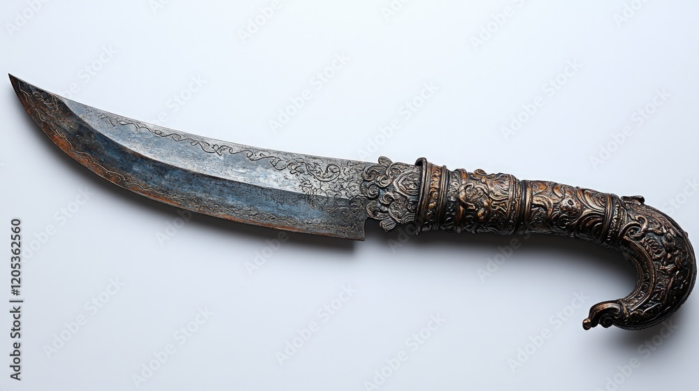 Ornate, curved dagger; ancient, metallic, detailed. Ornate, curved dagger; ancient, metallic, detailed.