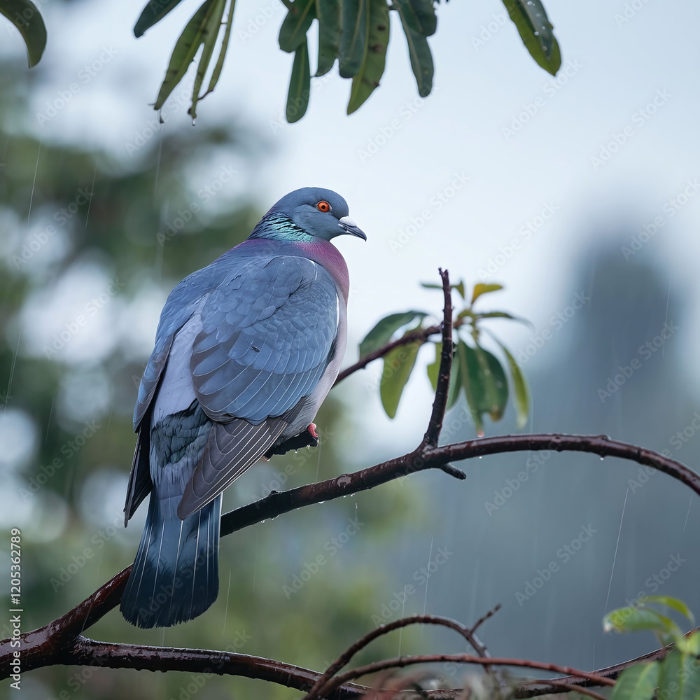 Passenger Pigeon bird (Ectopistes migratorius) on a tree branch during a rainy day. The bird are looking at side. The background is blurred and contains green leaves and the sky. Passenger Pigeon bird (Ectopistes migratorius) on a tree branch during a rainy day. The bird are looking at side. The background is blurred and contains green leaves and the sky.