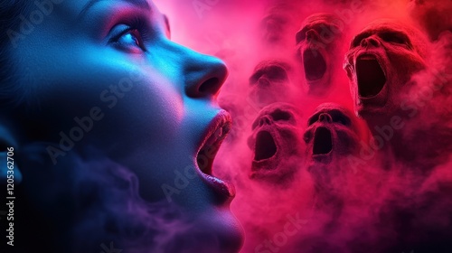A vivid image of a woman screaming as ghostly faces emerge from vibrant colors, symbolizing the chaos of emotions and the haunting echoes of fear that reverberate within.