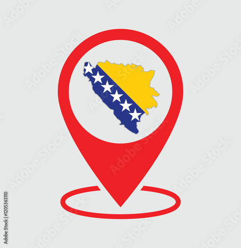 Bosnia and Herzegovina map with a red location  map pin icon, featuring the map of Bosnia and Herzegovina in an isolated design. Perfect for business, travel, and location-based projects.