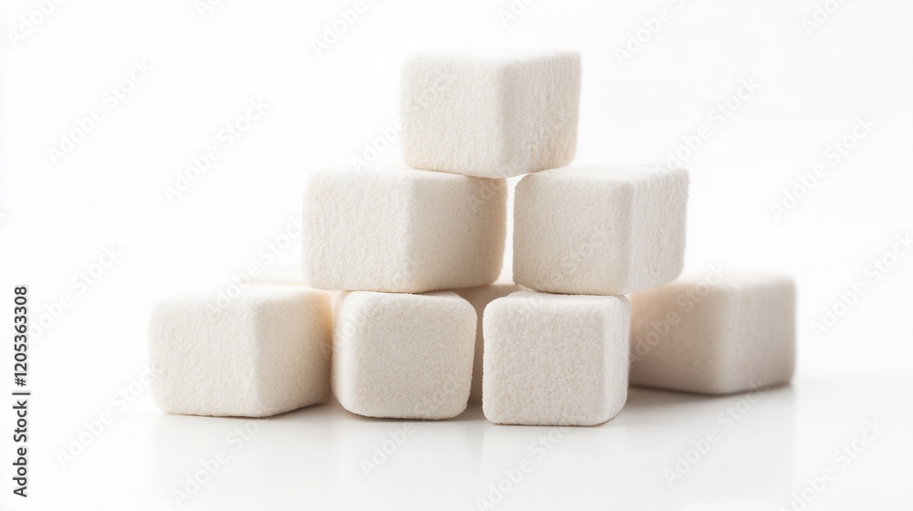 A neat arrangement of white sugar cubes stacked vertically, showcasing their cubic shape and texture against a clean background. A neat arrangement of white sugar cubes stacked vertically, showcasing their cubic shape and texture against a clean background.