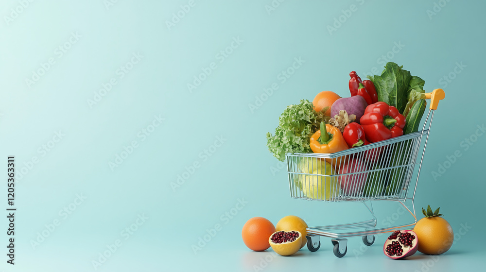 Fresh fruits and vegetables in a shopping cart against a light blue background in a well-lit space Fresh fruits and vegetables in a shopping cart against a light blue background in a well-lit space