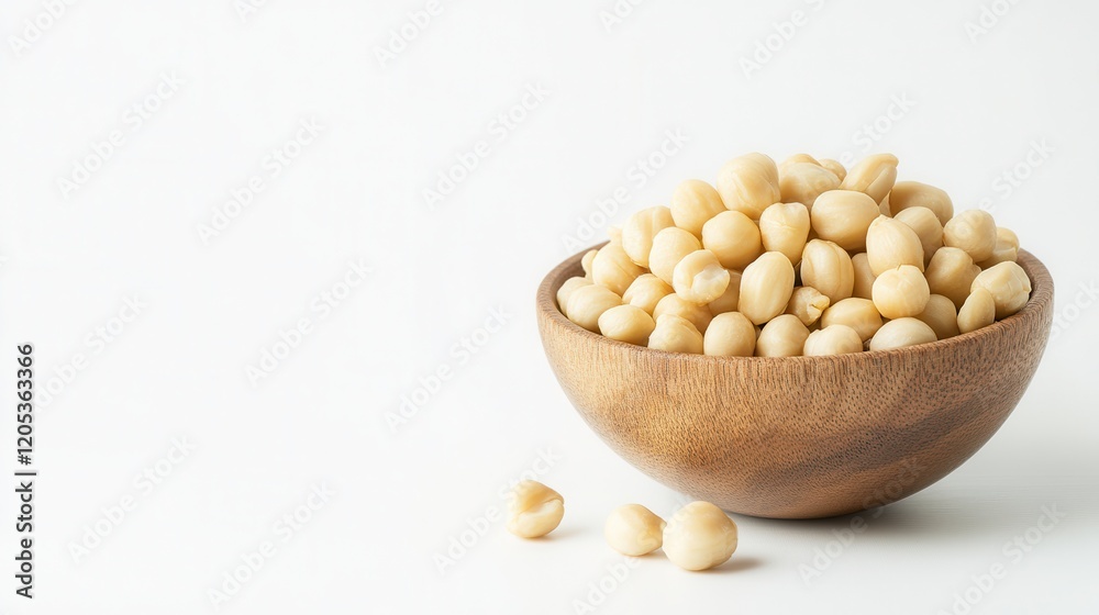 A rustic wooden bowl brimming with fresh peanuts rests on a clean white surface, showcasing a simple yet inviting snack presentation. A rustic wooden bowl brimming with fresh peanuts rests on a clean white surface, showcasing a simple yet inviting snack presentation.