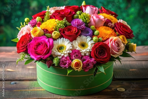 Luxury round bouquets: pink, white, yellow, red, and purple flowers.
