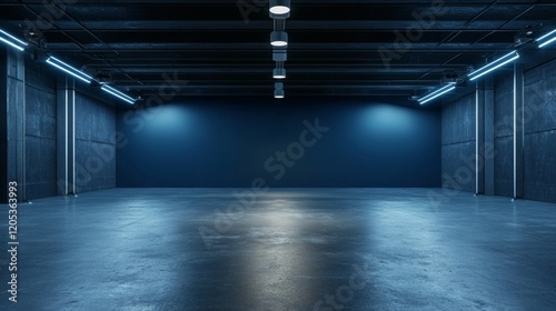 Dark Blue Industrial Interior with Concrete Floor and Fluorescent Lighting