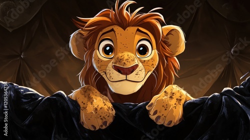 Lion cub looks over a dark textured border with curious eyes making it suitable for animal themes or nursery wall art decor.