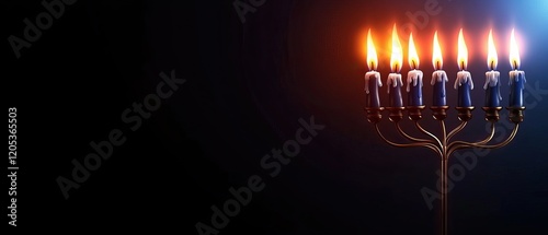 A lit menorah with blue candles against a dark background symbolizes celebration and tradition. photo