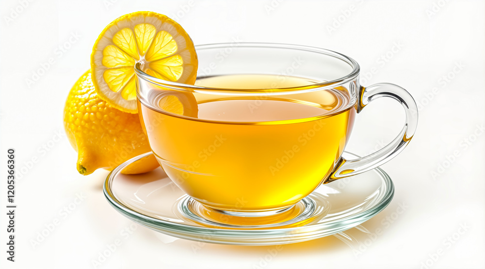 Glass Cup of Hot Tea with Lemon Slices isolated on White Background. Healthy Beverage, Relaxation, Tea Time, and Refreshment Concept. Glass Cup of Hot Tea with Lemon Slices isolated on White Background. Healthy Beverage, Relaxation, Tea Time, and Refreshment Concept.