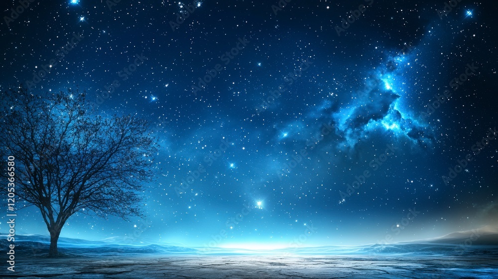 Fototapeta premium Starry night sky over serene landscape tranquil night nature photography peaceful vista celestial beauty