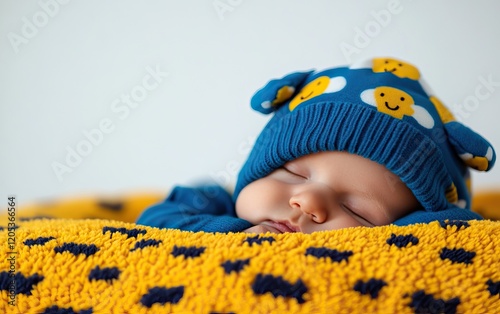 Sleeping baby wrapped in a colorful blanket, wearing a cute knitted hat with cheerful designs.