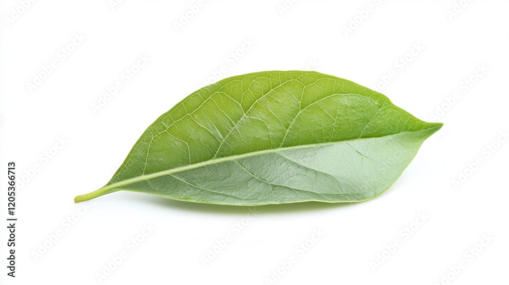 Obraz premium A vibrant green leaf rests elegantly on a clean white surface, showcasing the contrast between nature and simplicity.