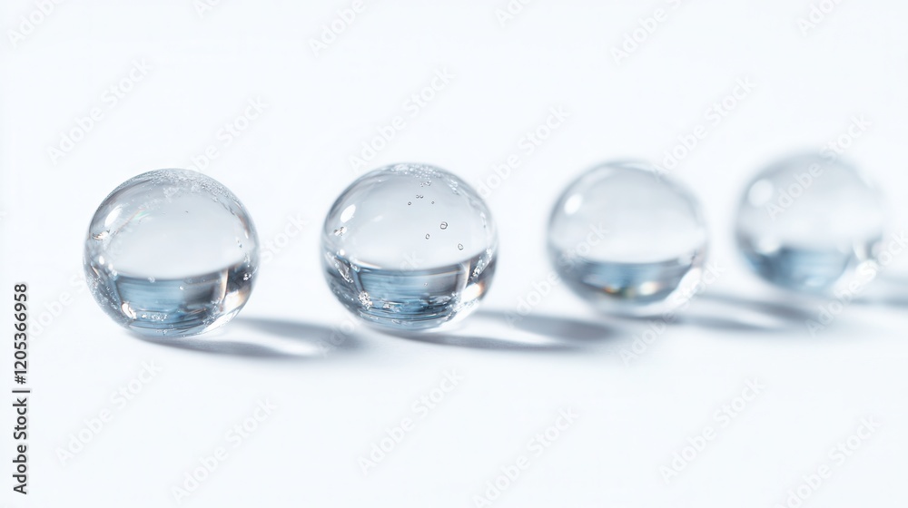 Four elegant glass spheres align perfectly on a pristine white surface, showcasing their transparency and reflective qualities in a minimalist arrangement. Four elegant glass spheres align perfectly on a pristine white surface, showcasing their transparency and reflective qualities in a minimalist arrangement.