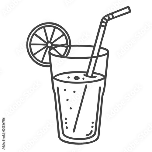 Refreshing beverage in tall glass with straw and lemon slice  