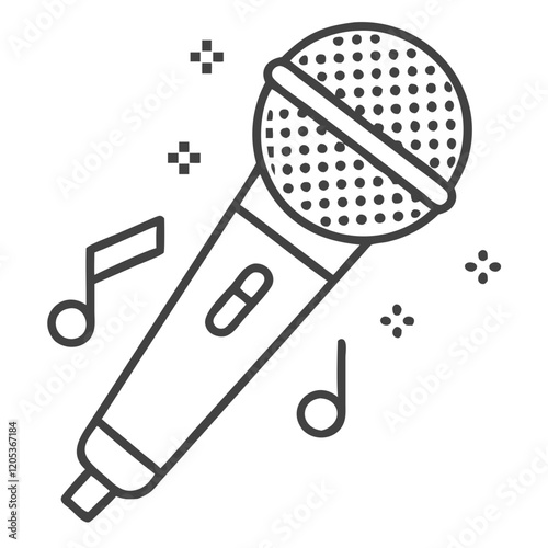 Line art microphone with musical notes and sound elements  