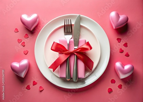 Romantic pink and white plates grace a Valentine's Day table, perfectly photographed for a dreamy setting.