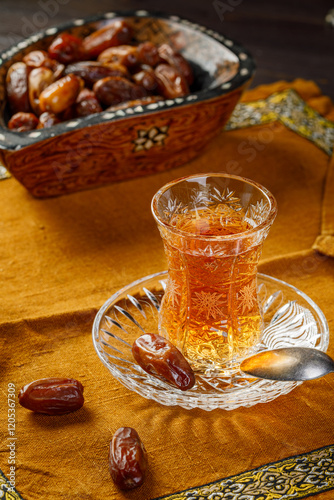 Azerbaijani black tea in armudu tea glass. Atmosphere of Baku and Eastern traditions. Oriental cuisine. Cozy atmosphere in the caucasus cafe.