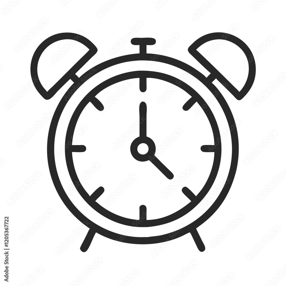 Classic alarm clock icon with bells in a black and white outline Classic alarm clock icon with bells in a black and white outline