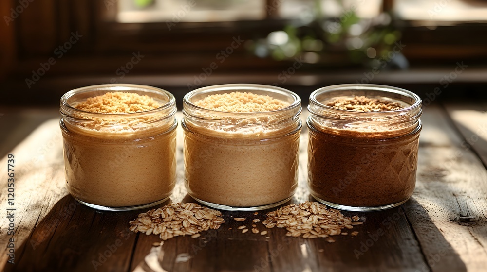 A Beautiful Display of Three Unique Glass Jars with Active Sourdough Starters from Different Grains: Spelt, Rye, and Wheat Under Warm Sunlight A Beautiful Display of Three Unique Glass Jars with Active Sourdough Starters from Different Grains: Spelt, Rye, and Wheat Under Warm Sunlight