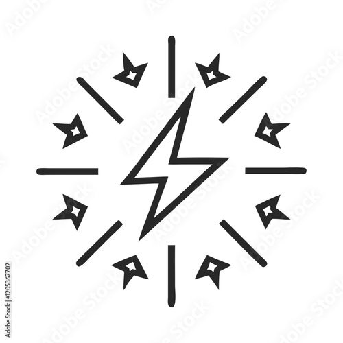 Energy bolt symbol with dynamic lines in a black and white icon