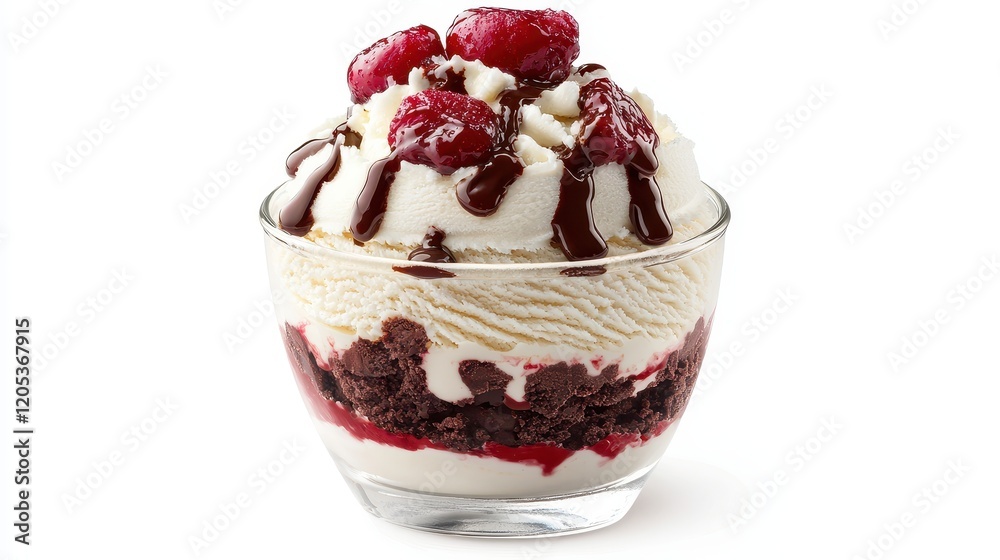 A delicious dessert featuring layers of ice cream, chocolate sauce, raspberries, and whipped cream in a clear glass bowl. A delicious dessert featuring layers of ice cream, chocolate sauce, raspberries, and whipped cream in a clear glass bowl.