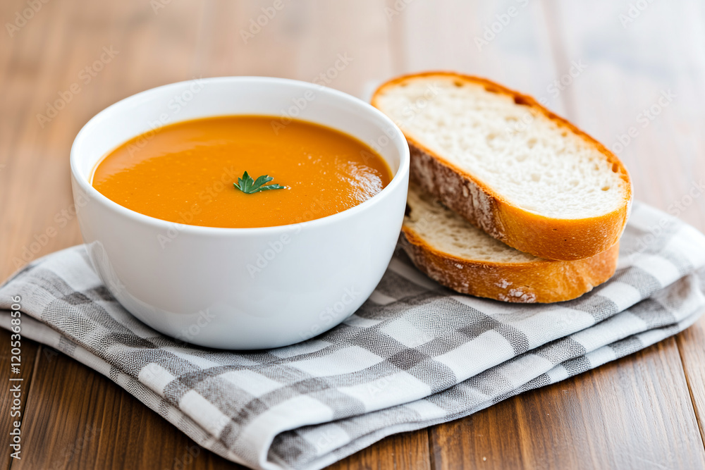 Bowl of soup is on a table next to a piece of bread Bowl of soup is on a table next to a piece of bread