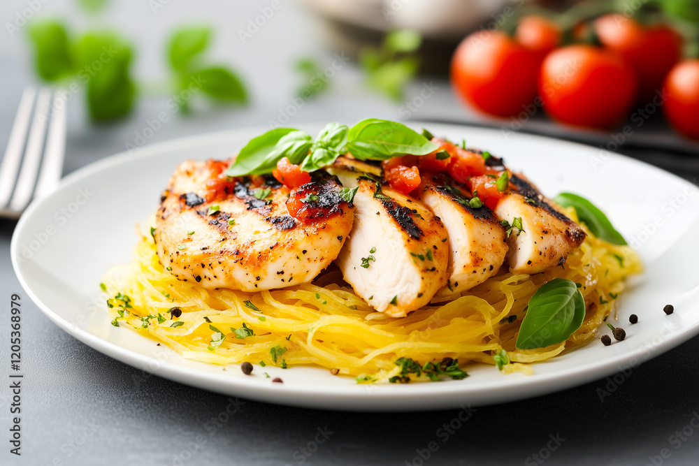 Spaghetti squash with homemade tomato basil sauce and grilled chicken slices. clean salad, Healthy food, Superfoods, and Nutrition. Spaghetti squash with homemade tomato basil sauce and grilled chicken slices. clean salad, Healthy food, Superfoods, and Nutrition.