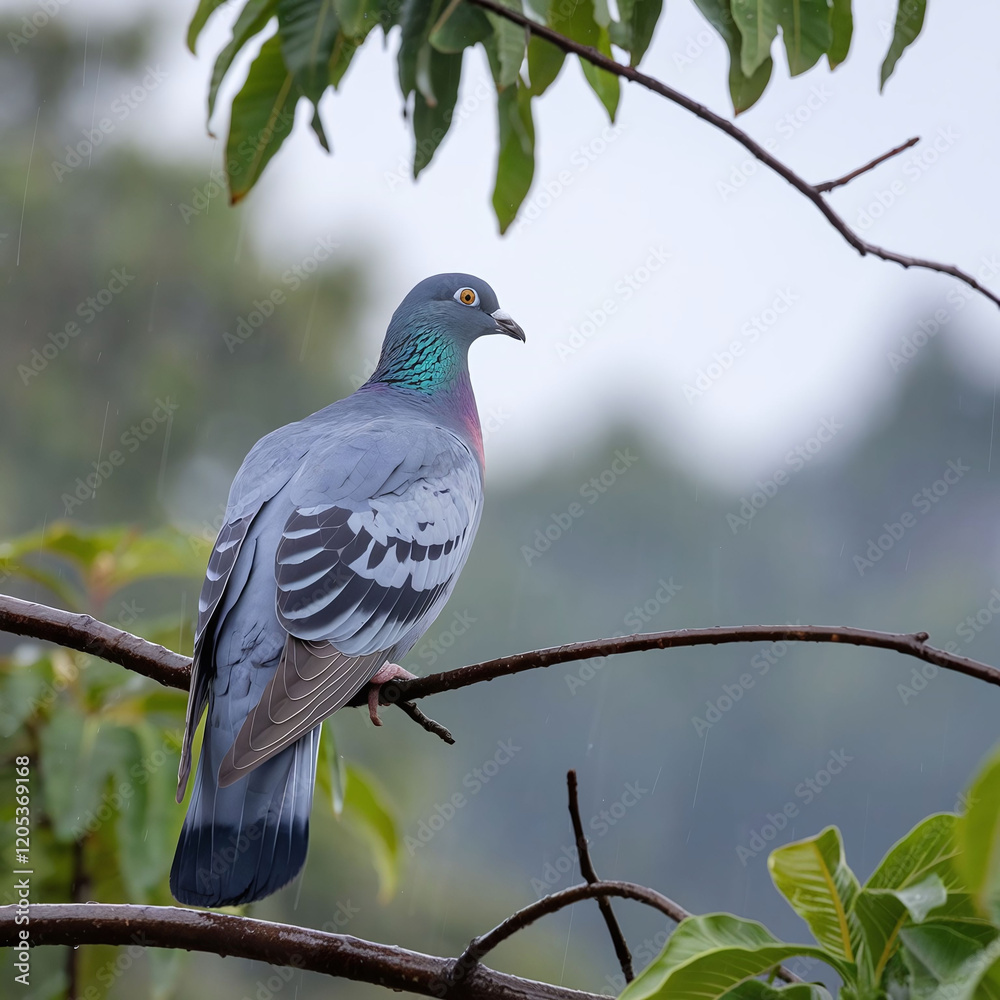 Passenger Pigeon bird (Ectopistes migratorius) on a tree branch during a rainy day. The bird are looking at side. The background is blurred and contains green leaves and the sky. Passenger Pigeon bird (Ectopistes migratorius) on a tree branch during a rainy day. The bird are looking at side. The background is blurred and contains green leaves and the sky.