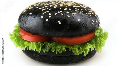 A detailed close-up of a black hamburger featuring fresh lettuce and ripe tomato, highlighting its unique colors and textures. photo