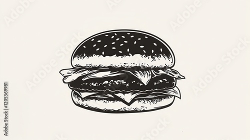 A detailed black and white illustration of a hamburger featuring a classic bun, highlighting the layers and textures of the ingredients.